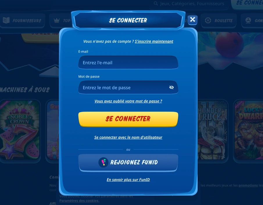 Formulaire de connexion au casino en ligne SG
